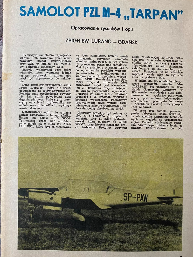 Photo of vintage 1977 PZL M-4 Tarpan construction plans by LOK, showing A1 sheets with detailed aircraft drawings and Polish text.