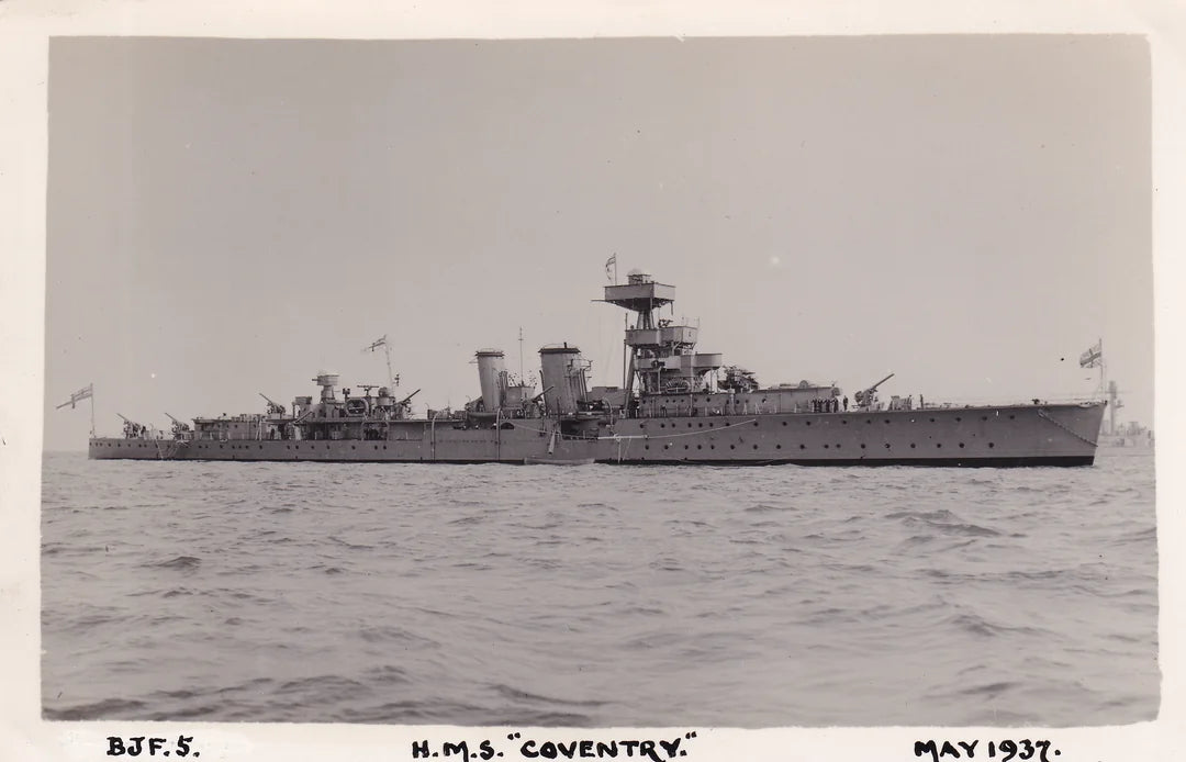 Photo of premium HMS Coventry model plans (1936-1941), available in multiple scales, showcasing detailed sections.