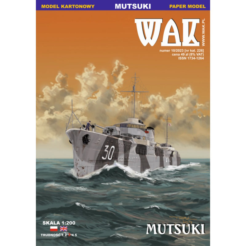 Image of the Mutsuki 1:200 scale card model kit by WAK Publishing, showcasing the kit's detailed components and historical design.