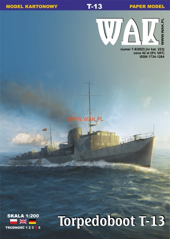 Image of WAK Publishing's Torpedoboot T13 1:200 scale card model kit, showcasing the detailed and historically accurate design of the German torpedo boat.