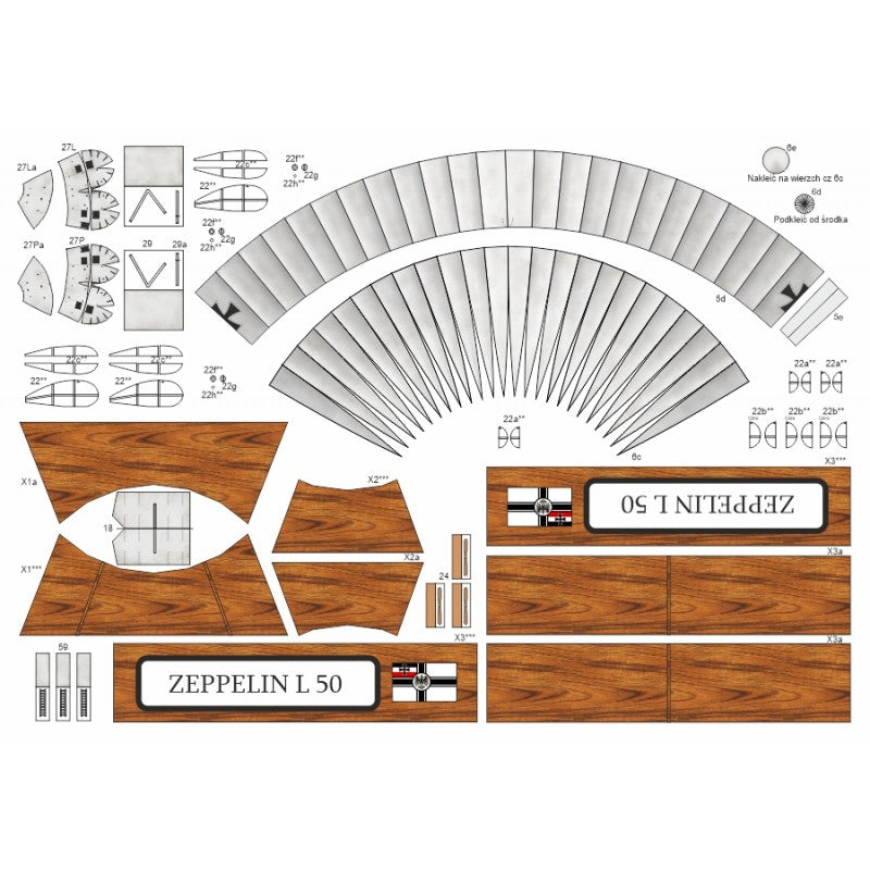 Photo of the Zeppelin LZ 89 (L50) cardboard model kit by Answer/Angraf, scale 1:200, with A3 sheets and Polish instructions.