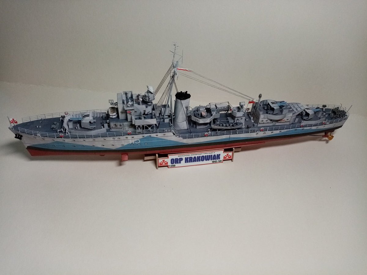 Image of the ORP KRAKOWIAK 1:200 scale card model kit by WAK Publishing, showcasing the detailed design and quality card stock of this historical Polish Navy destroyer.