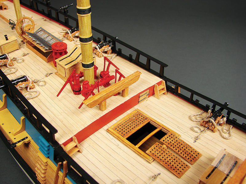 Image of HM Bark Endeavour 1:96 scale card model kit from Shipyard, showcasing detailed laser-cut parts and the intricate design of Captain Cook's historic ship.