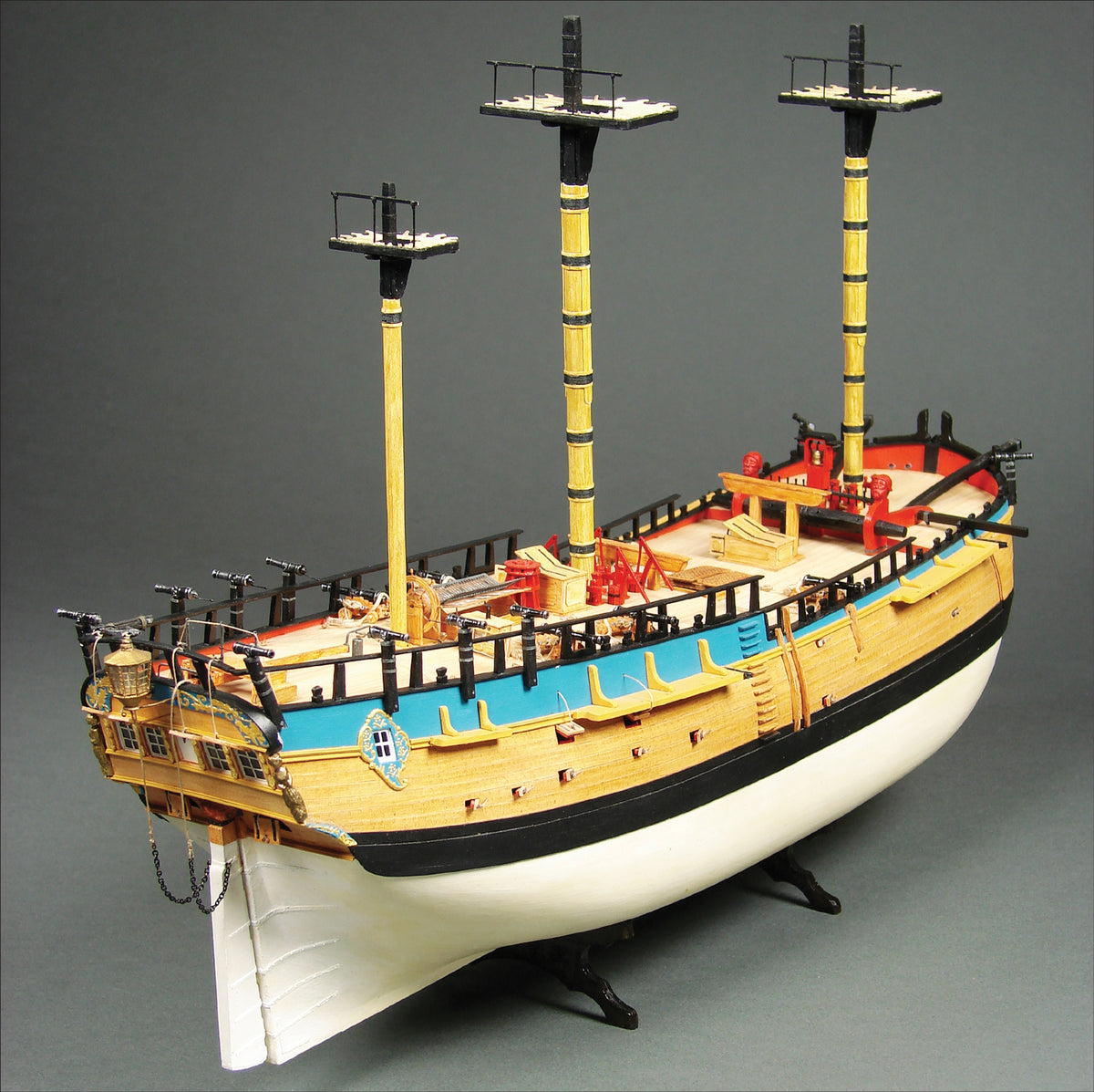 Image of HM Bark Endeavour 1:96 scale card model kit from Shipyard, showcasing detailed laser-cut parts and the intricate design of Captain Cook's historic ship.
