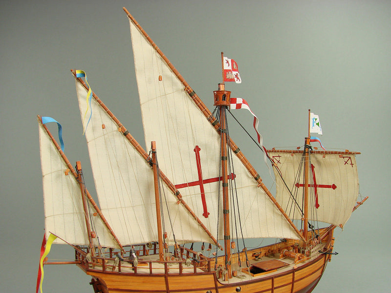 Image of the SANTA MARIA & NINA Card Model Kit by Shipyard, showcasing detailed components and laser-cut frames for building historically accurate ship replicas.
