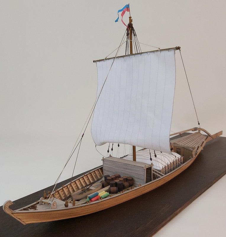 Photo of Seahorse Publishing's Vistula Barge Card Model 1:100, showcasing the intricate design and detailed craftsmanship of the historic barge replica.