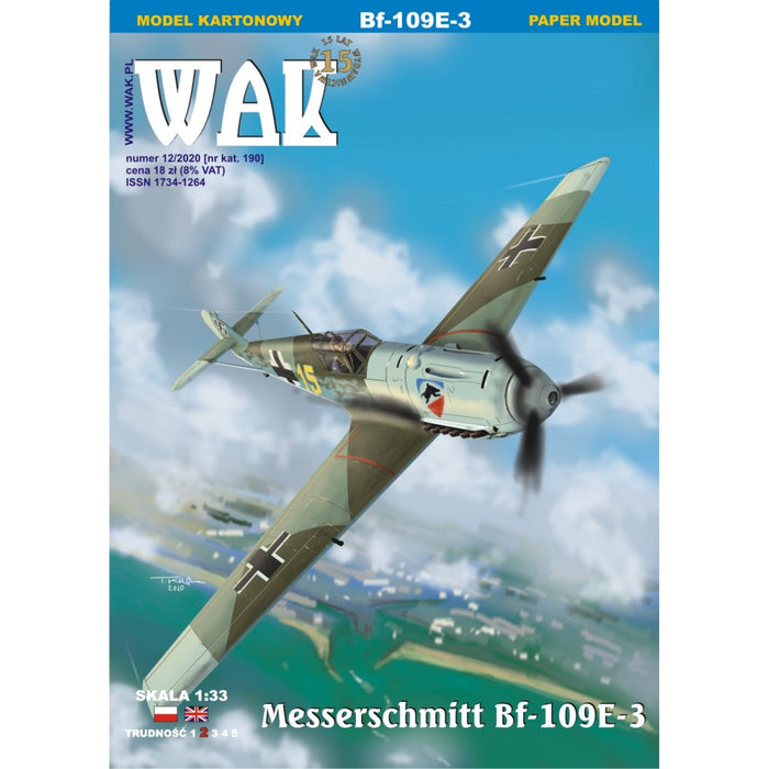 Image of WAK Publishing's MESSERSCHMITT BF-109E 1:33 scale card model kit, showcasing the detailed design and components of the iconic WWII fighter.