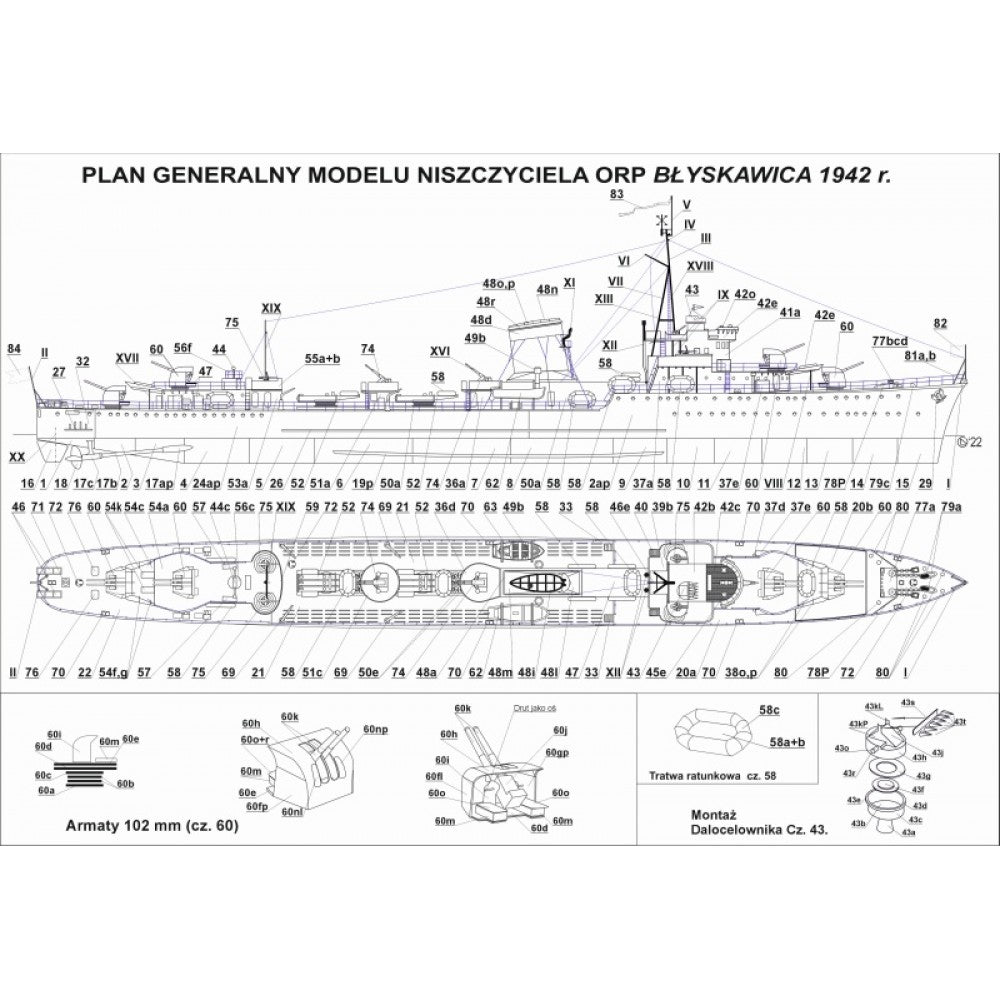 Image of ORP Błyskawica 1:200 Scale Card Model Kit by WAK Publishing, showcasing the detailed design and historical accuracy of the Polish WWII destroyer.